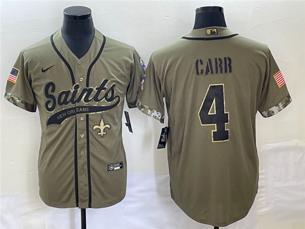 Men's New Orleans Saints #4 Derek Carr Olive Salute To Service With Patch Cool Base Stitched Baseball Jersey